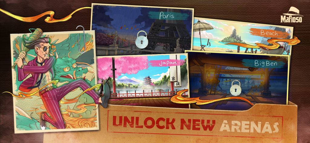 Promotional image for Godfather of Mafia City showing various unlockable battle arenas including Paris and Japan