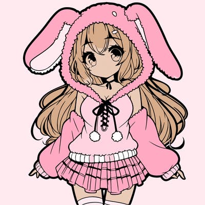 pretty anime girl wearing a fluffy hoodie with bunny ears on the hood and a skirt