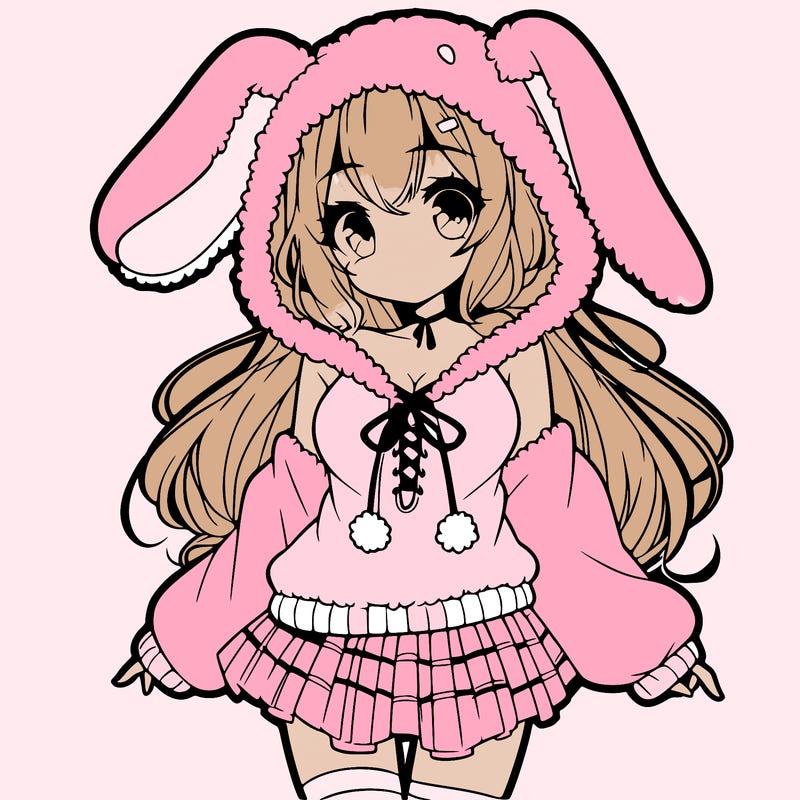 pretty anime girl wearing a fluffy hoodie with bunny ears on the hood and a skirt
