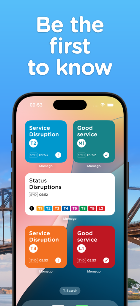 Schermata home dell'iPhone che mostra i widget dello stato del servizio di trasporto di Sydney in tempo reale per treni, metro e metropolitana leggera