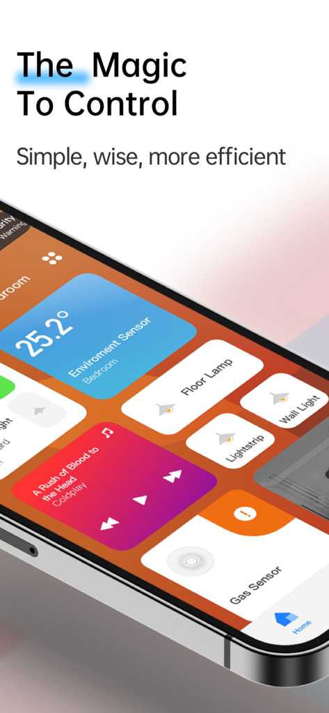 LifeSmart - LifeSmart app dashboard on a smartphone showing smart home controls for lights temperature and music