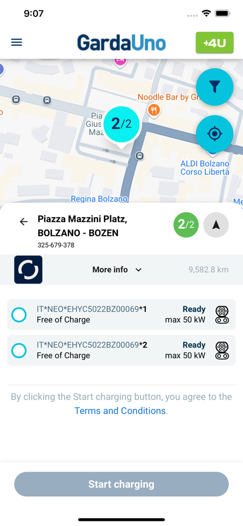 Garda Uno Green Mobility - Garda Uno app interface showing available electric vehicle charging points in Bolzano Italy