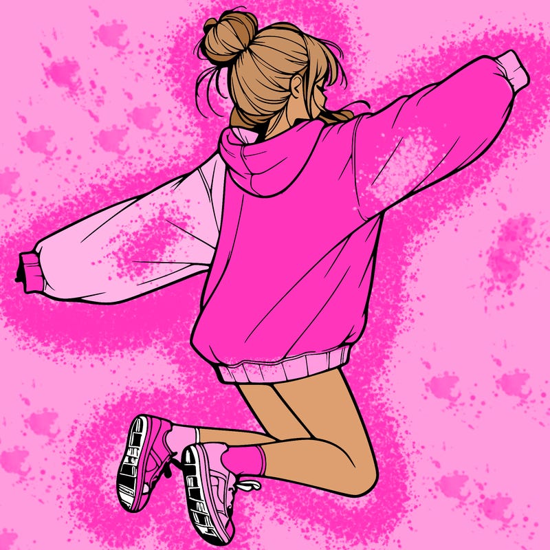 realistic girl jumping with a bun and oversized sweatshirt