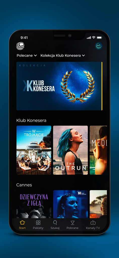 Polsat Box Go App-Bildschirm mit der Filmauswahl Klub Konesera und Filmkategorien von Cannes.