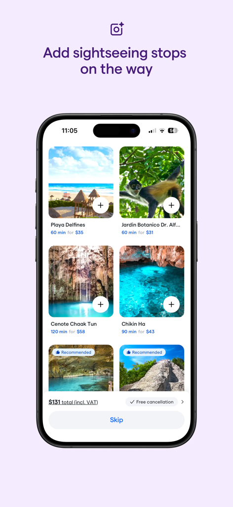 Daytrip: Transfers and trips - Interface of the Daytrip app showing options to add sightseeing stops like beaches and cenotes to a private car transfer.