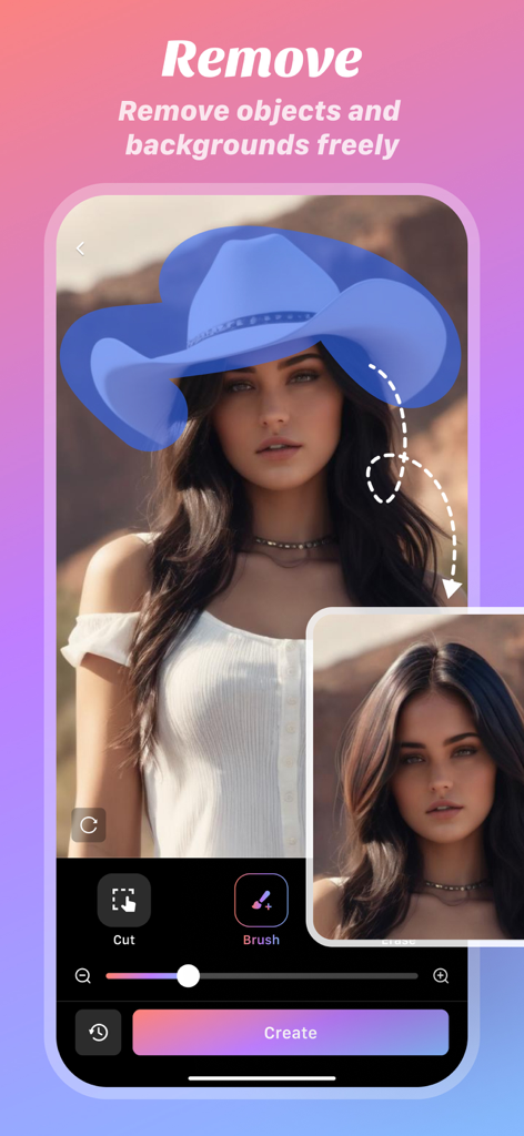 Midoll-Create&Chat AI girl - Interface of Midoll app showing a user removing a blue hat from an AI-generated girl's photo using a brush tool.