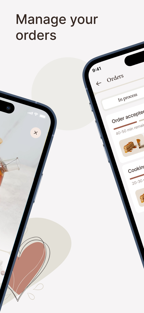 Bon! Café Français - Interfaz de la app Bon Cafe Francais mostrando la gestión de pedidos y el seguimiento del estado en dos iPhones