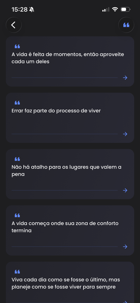 Quotes creator - DudoPost - A list of motivational quotes in a minimalist dark interface on the DudoPost mobile app