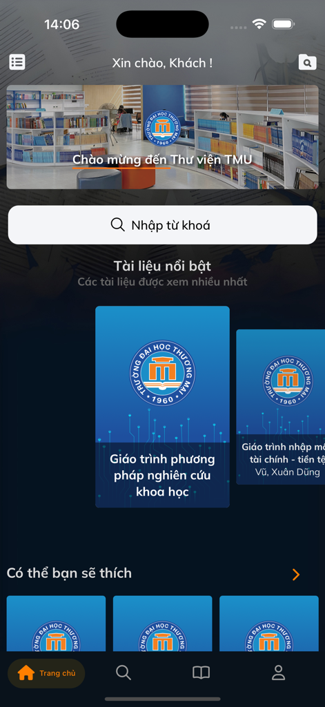 TMU DRM - Home screen of the TMU DRM mobile app featuring a search bar and academic textbook thumbnails.