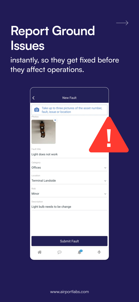 Airport Community app interface for reporting ground issues and equipment faults