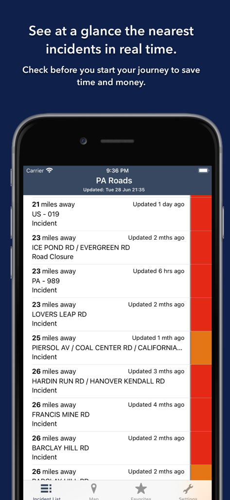 List of real-time traffic incidents and road closures in Pennsylvania sorted by distance from the user