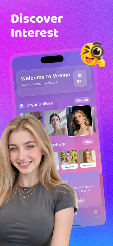 Veemo - Enjoy Life - Interfaz de la aplicación Veemo que muestra la galería de estilo del asistente de moda IA y el armario digital