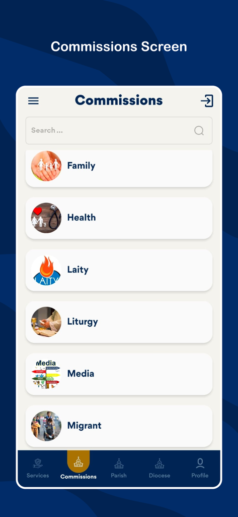 Catholic Connect - Catholic Connect app Commissions screen with category list for Family Health and Liturgy