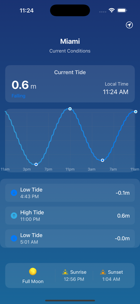 Just Tides - Just Tides app interface showing a minimalist tide graph and current conditions for Miami