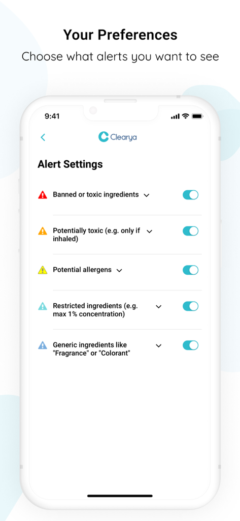 Clearya - Clearya app alert settings screen for personalizing toxic ingredient and allergen notifications