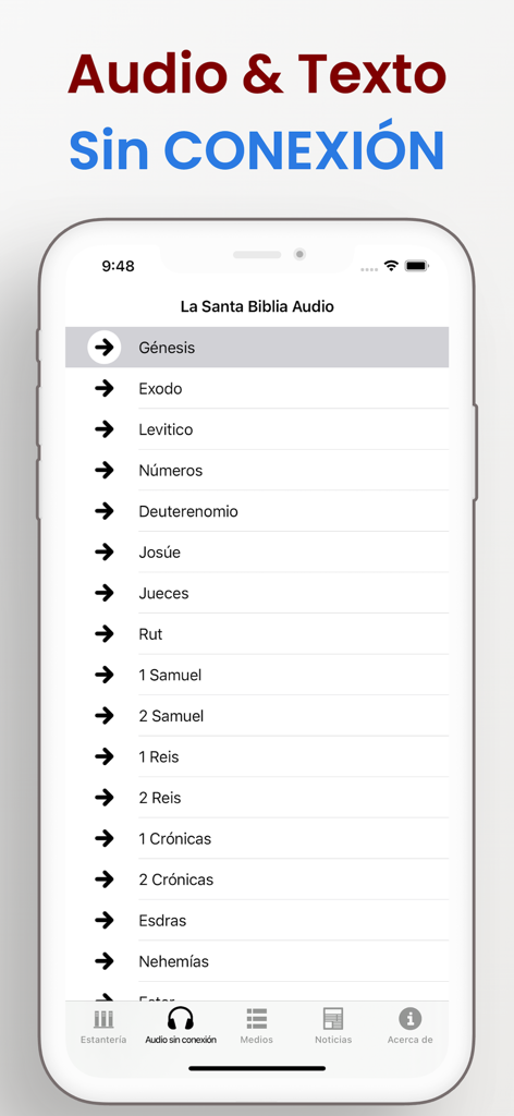 Mi Biblia católica en español - Interfaz de la aplicación Mi Biblia Catolica mostrando una lista de libros de la Biblia para audio sin conexión