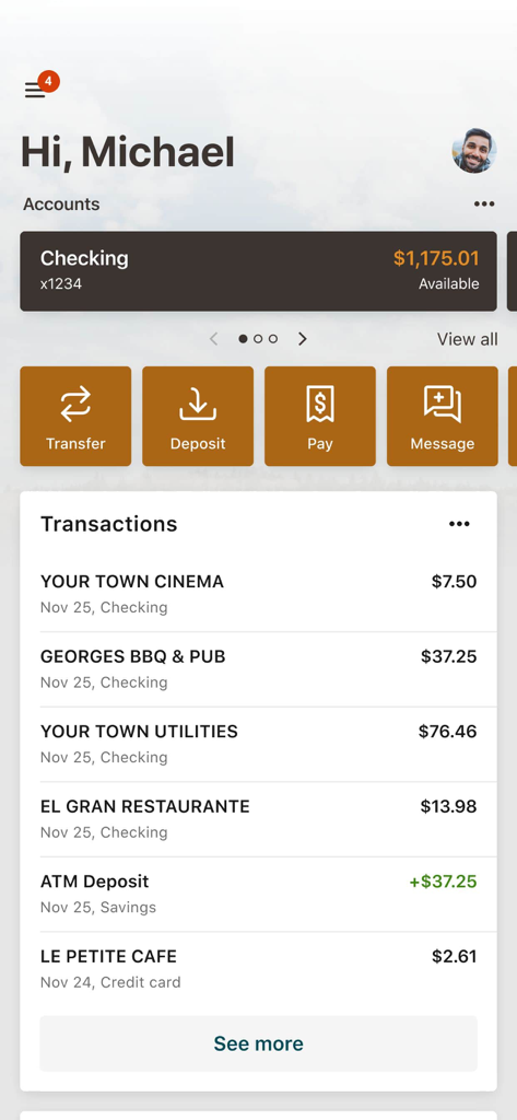 TruStone Mobile banking app interface showing account balance and recent transaction history
