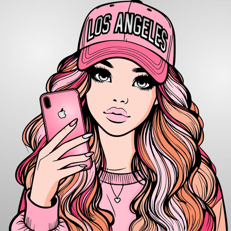 realistic beautiful girl wearing los ángeles cap holding an iphone