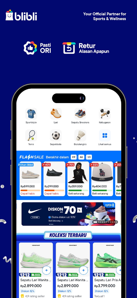 Blibli - Blibli mobile app screen showcasing sports categories, flash sales, and guaranteed original products.