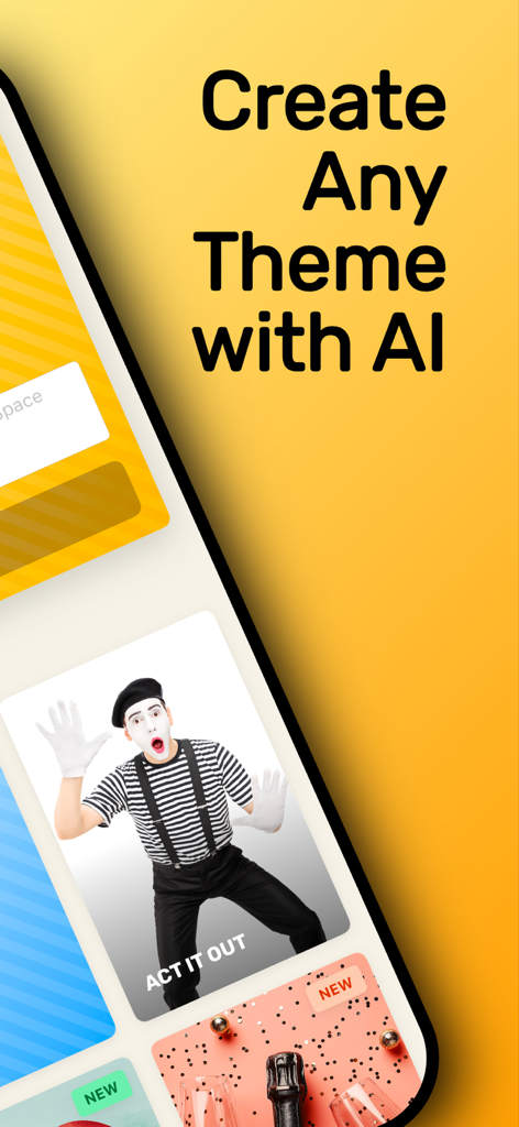 Hands Up! Charades Headbands - Screenshot of Hands Up app showing the AI theme creation feature and the Act It Out game deck.