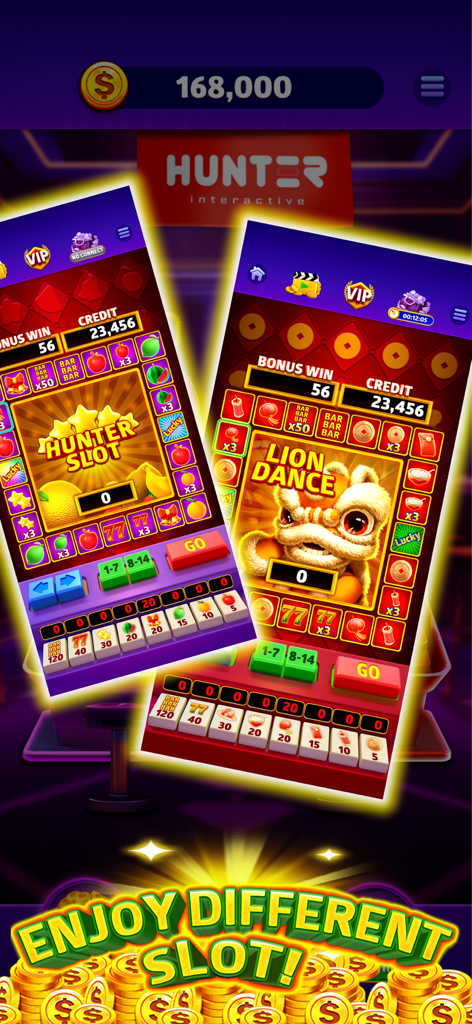 Hunter Slot - Screenshot of Hunter Slot mobile game showcasing two different slot machine themes including Lion Dance and classic fruits with golden coins.