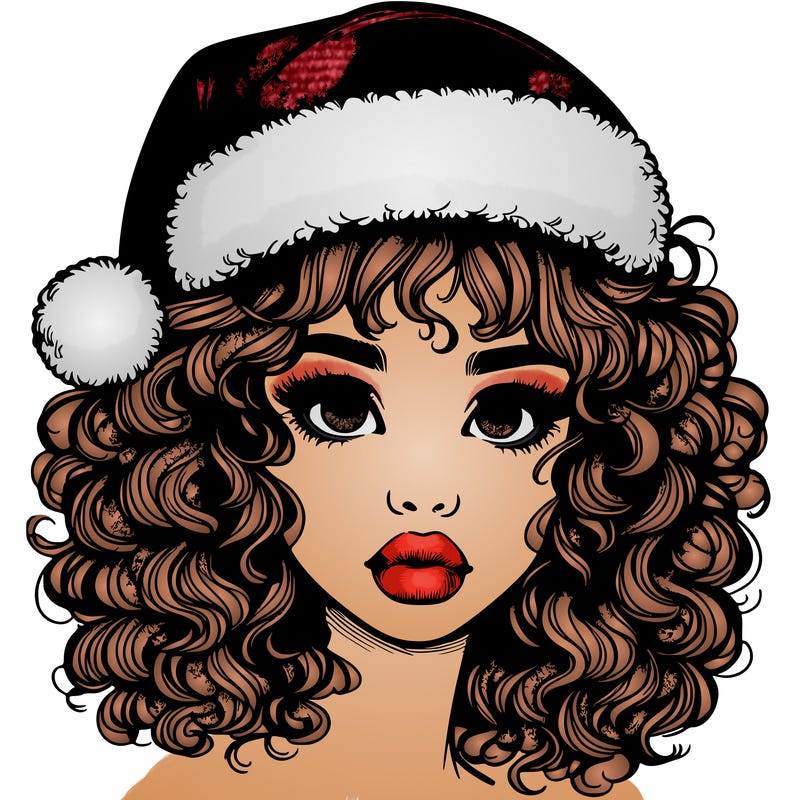 realistic girl with a santa hat curly hair and lips