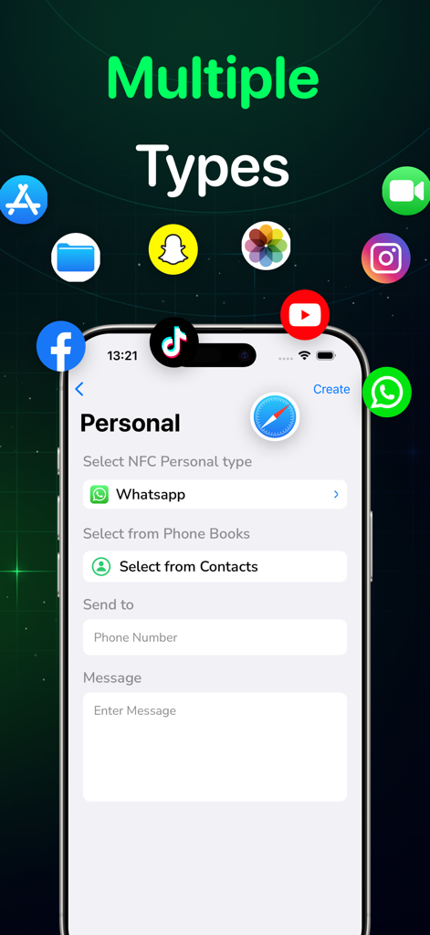 NFC Tools & RFID Scanner - A mobile screen showing how to create multiple types of NFC tags for personal and social media sharing