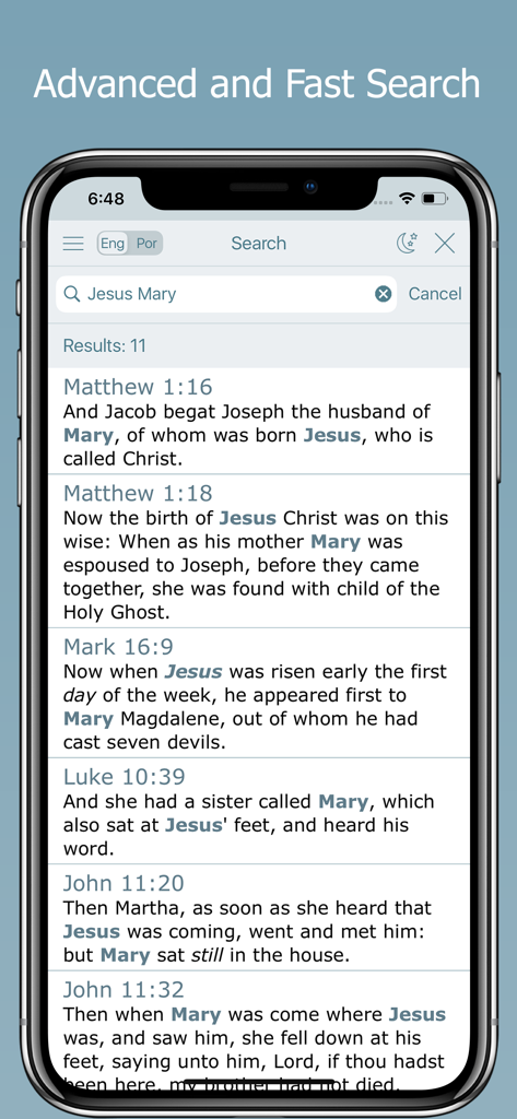 Advanced search interface of the Bilingual Bible app showing scripture results for Jesus and Mary