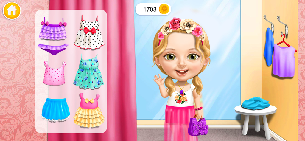 Sweet Olivia Summer Fun 2 - Sweet Olivia character waving in a dressing room with various summer outfit options