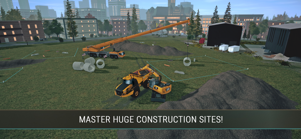Heavy machinery and crane working on a large construction site in Construction Simulator 4 Lite