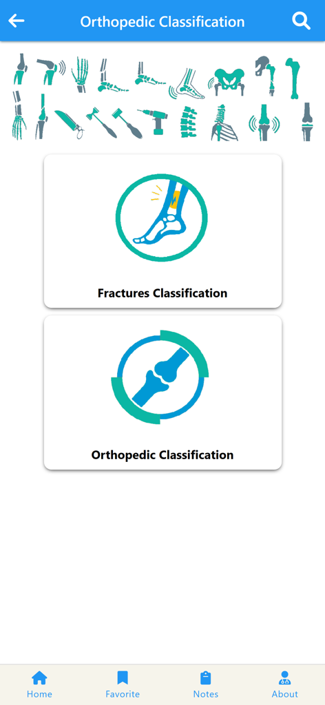 Bildschirm für orthopädische Klassifikationsmenüs mit Optionen für Fraktur- und orthopädische Klassifikationssysteme