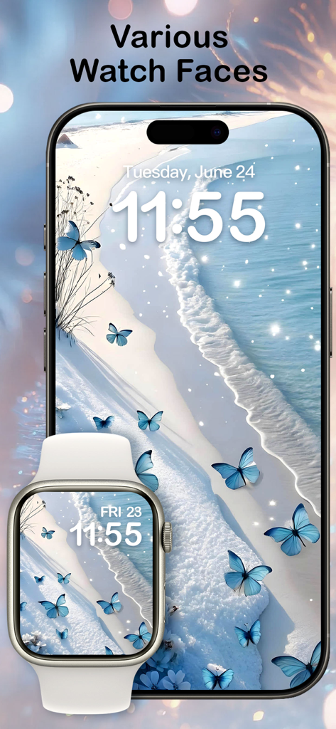 Themelia: Theme & Widget - iPhone and Apple Watch displaying matching blue butterfly aesthetic themes and watch faces