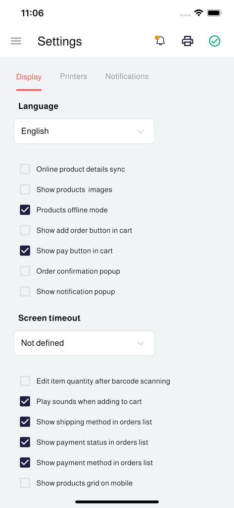Einstellungsmenü der OSOSS POS-Mobil-App, das Optionen für Sprache und Benutzeroberfläche anzeigt.