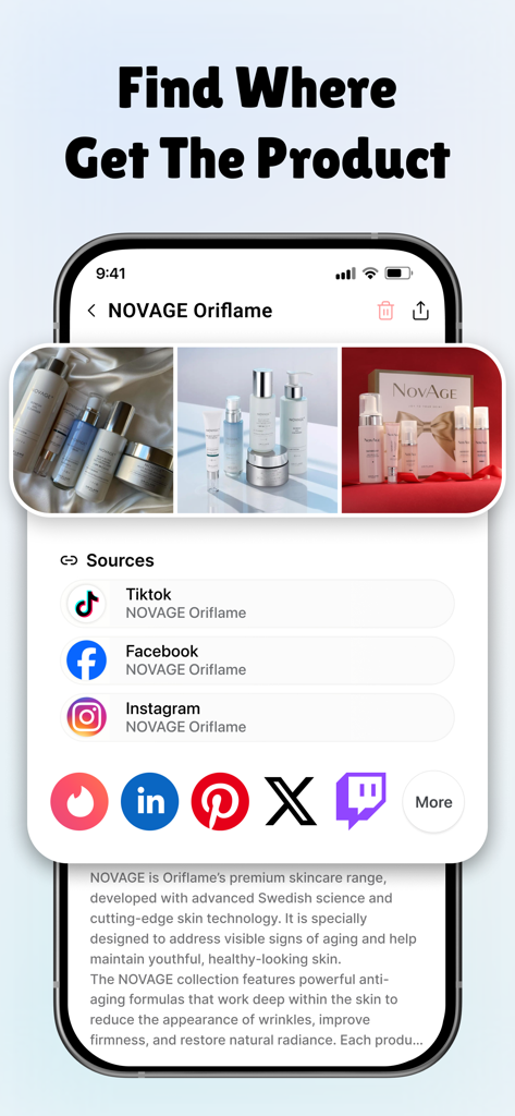 ClarityCheck - Deep Search AI - Mobile app interface showing search results for skincare products and links to social media platforms
