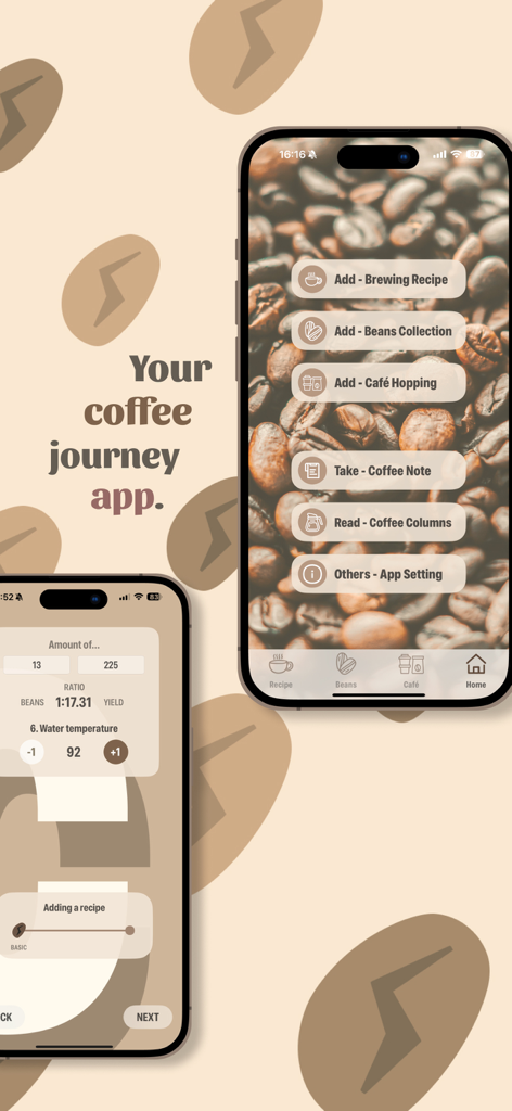 Coffee Buff - Pantalla de inicio de la aplicación móvil Coffee Buff que muestra funciones para gestionar recetas de preparación, colecciones de granos de café y registros de visitas a cafeterías.