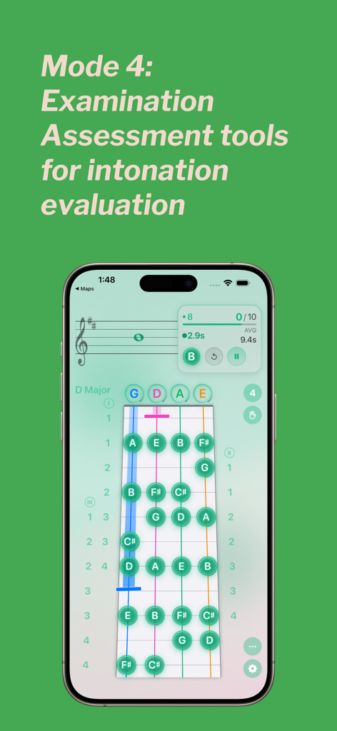 Violin Vista app interface showing intonation evaluation and examination mode