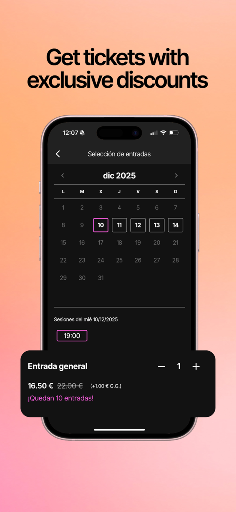Kultur app screen displaying a calendar for ticket booking with exclusive last-minute discounts