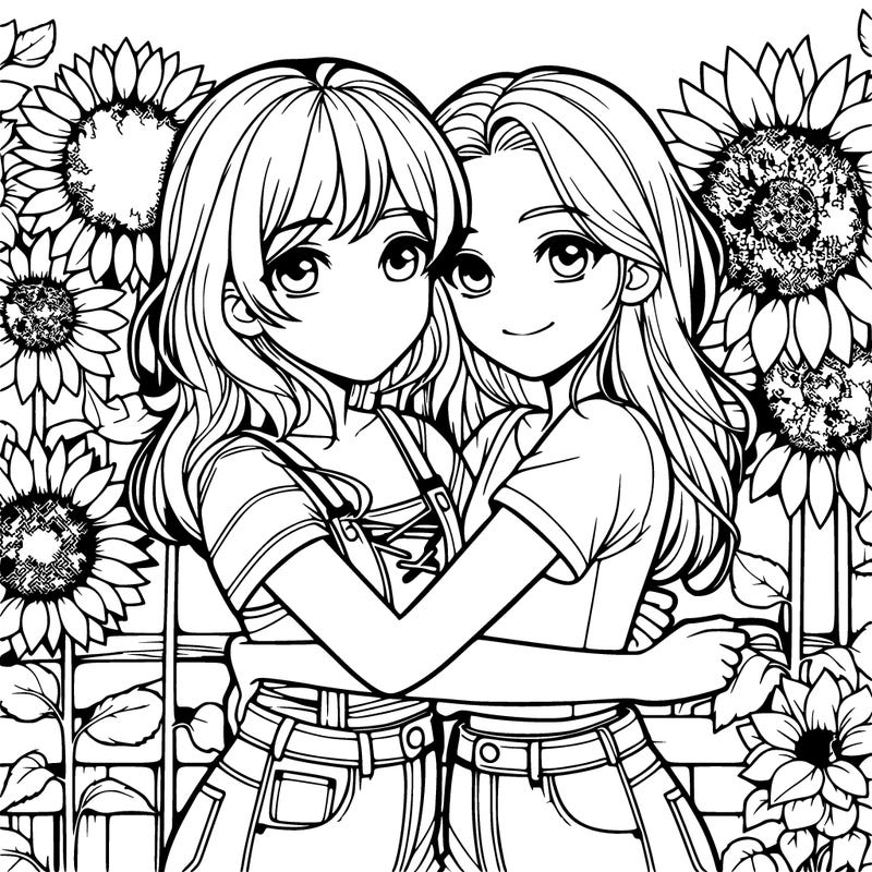 two realistic girls hugging  in a garden next to sunflowers
