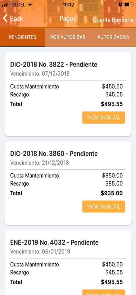 Kolonus - Mobile app screen showing a list of pending maintenance fee payments for a residential community