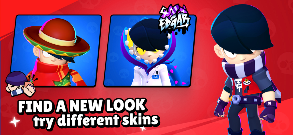 Brawl Stars character Edgar showcasing different collectible skins and outfits