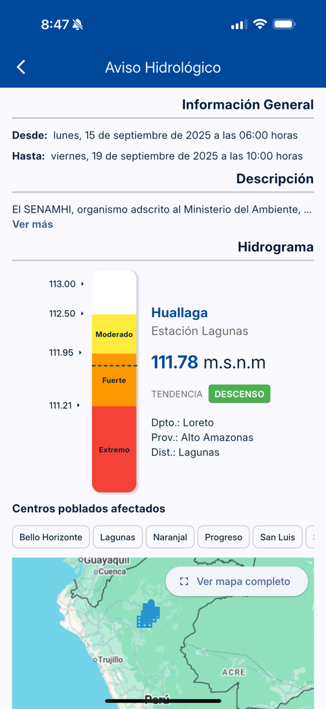 SENAMHI PERU Móvil - Hydrological warning interface of the SENAMHI PERU app showing river levels and alert status for the Huallaga river