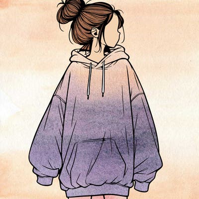 realistic girl with a oversized sweatshirt on and a bun