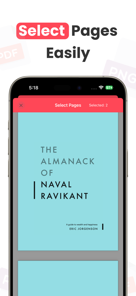 Smartphone screen showing the select pages interface of the PDF to Photos app for easy conversion