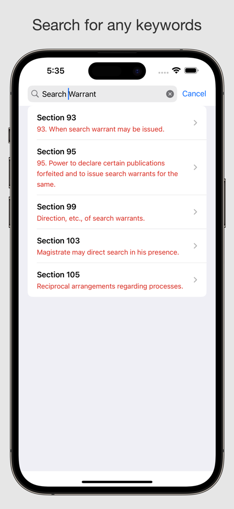 CrPC - Criminal Procedure Code - Smartphone screen showing search results for the keyword warrant in the Criminal Procedure Code app