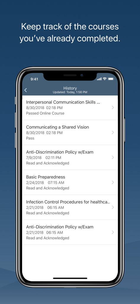 SAP Validated Learning - Mobile interface showing a history of completed corporate training courses