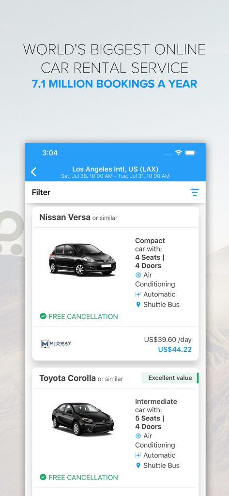 렌탈카스닷컴 앱 스크린샷, 로스앤젤레스 공항 렌터카 검색 결과 표시, 닛산 베르사 및 도요타 코롤라 포함, 가격 및 기능 정보 제공