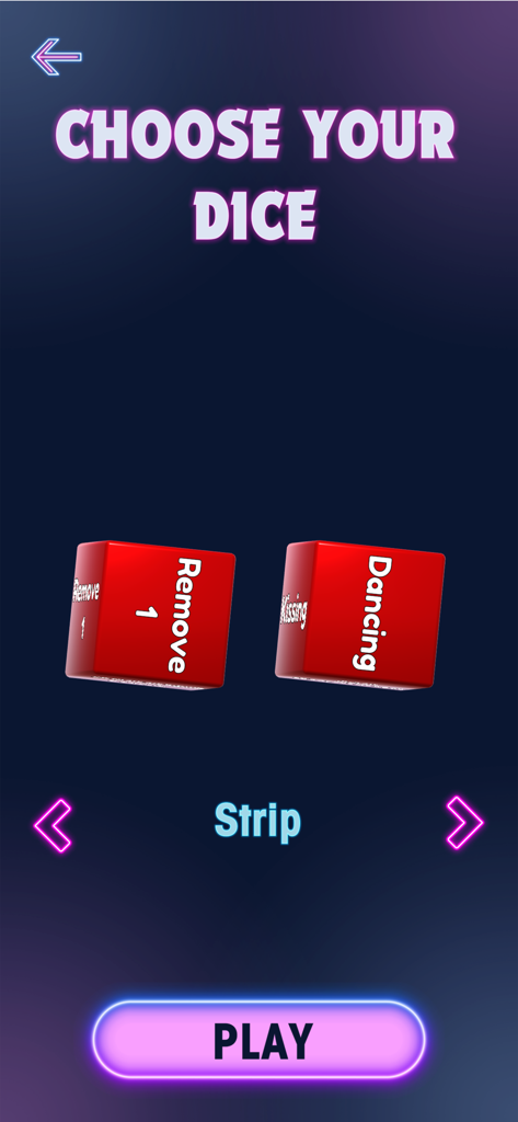 Sex Dice: Explore New Desires - Pantalla de selección de la aplicación Dados Eróticos mostrando dos dados eróticos rojos y el modo de juego Strip.