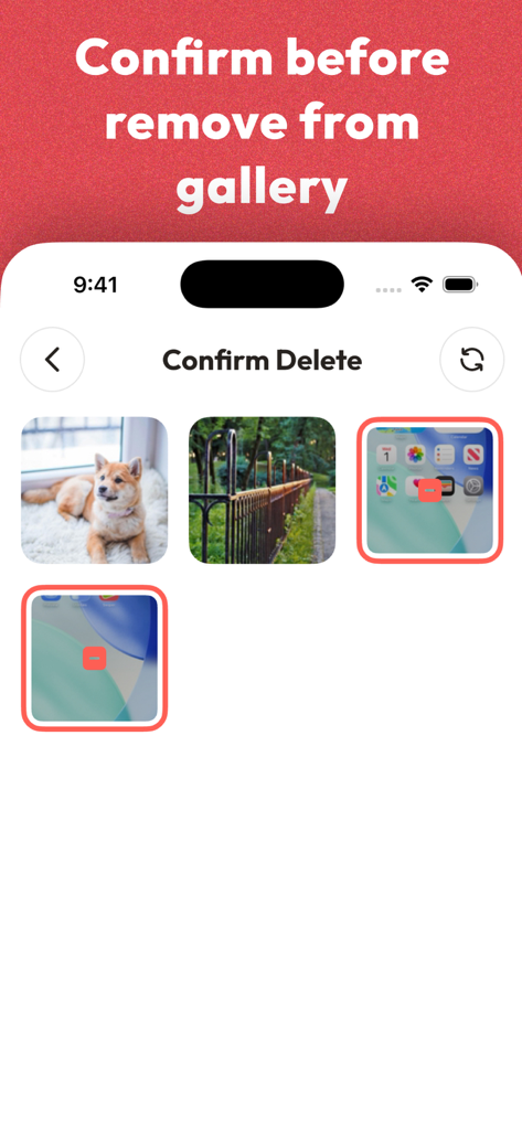 Photo Delete Swipe : Swiper - Swiper app interface showing a list of photos to review and confirm before deletion from the gallery