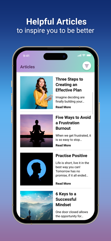 Me: Motivation & Wellness - Screenshot of the Me app showing a collection of helpful articles on personal growth, mindset, and avoiding burnout.