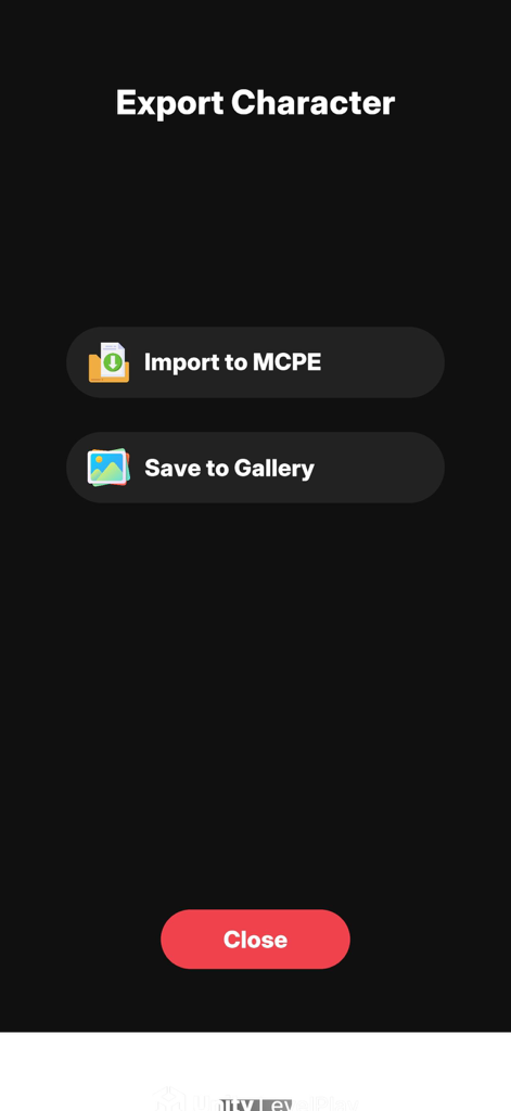 Craftify Editor export screen with options to import a character to Minecraft PE or save to gallery
